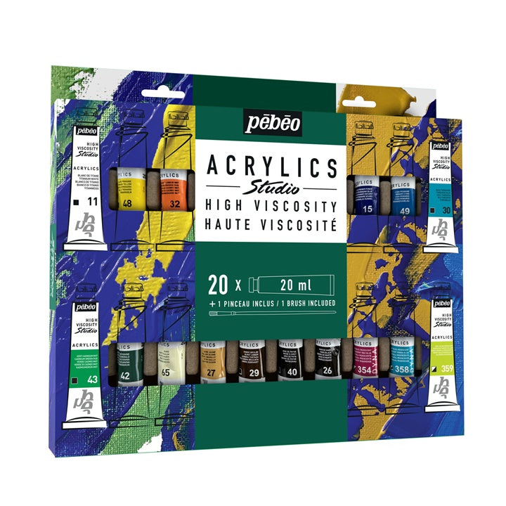 Pebeo Studio Vernici acriliche ad alta viscosità con pennello 20x20 ml