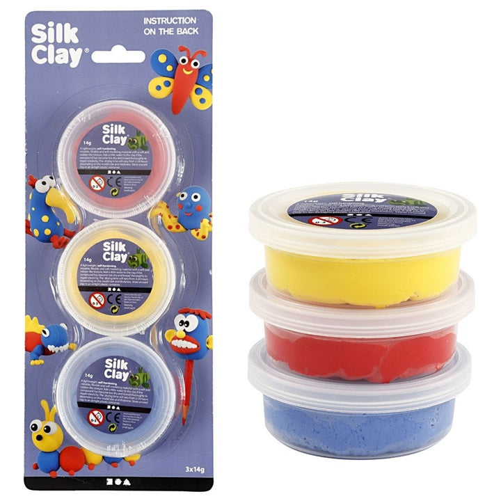 Set di argilla modellabile Silk Clay nei colori giallo, blu e rosso