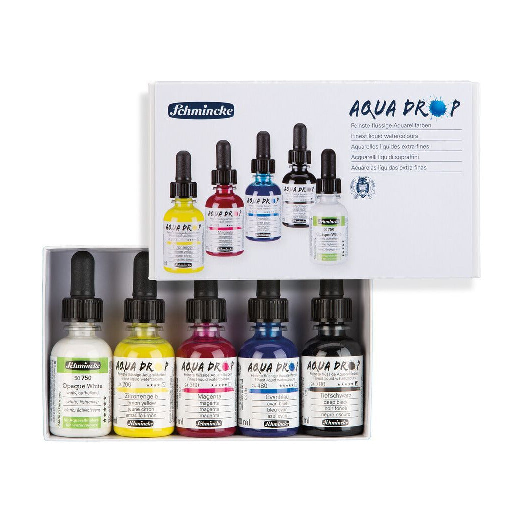 Schmincke AQUA DROP set in confezione di cartone, 5 x 30 ml (colori primari) + bianco coprente