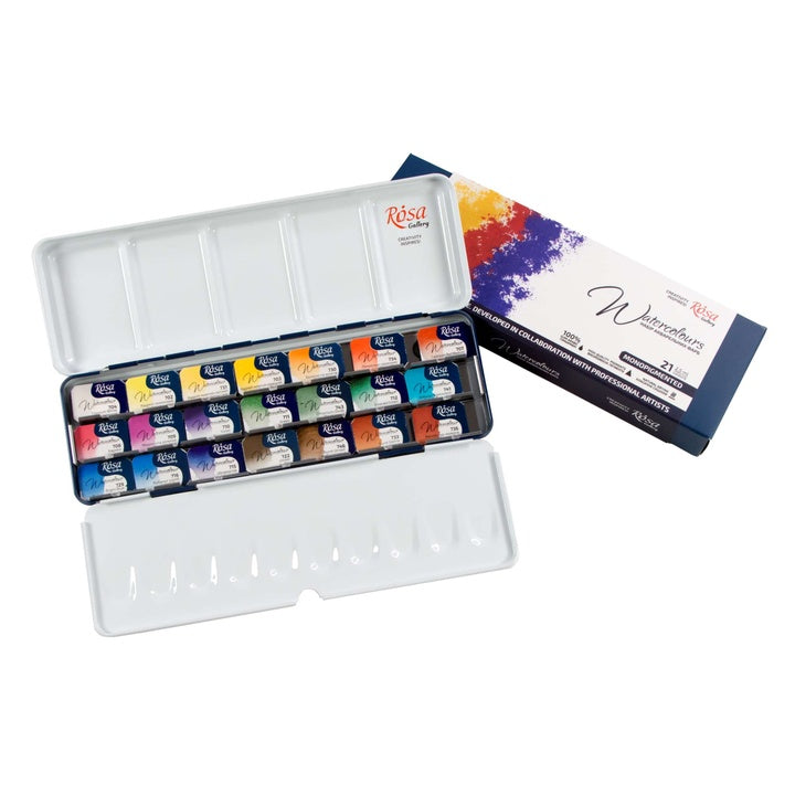 Set acquerelli ROSA GALLERY Monopigmented, 21 godet interi in custodia metallica