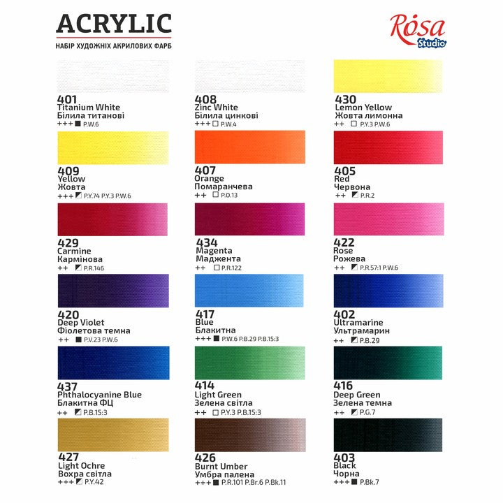 Colori acrilici ROSA STUDIO, set 18 pezzi per tecniche pittoriche