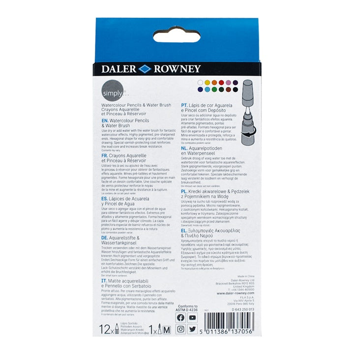 Set di 12 matite acquerellabili Daler Rowney con pennello ad acqua