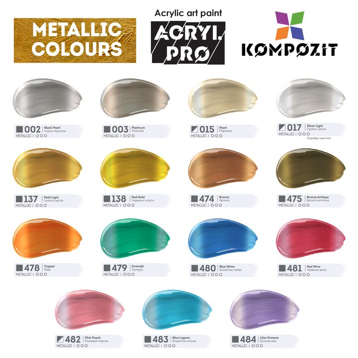 Set di colori acrilici metallici ACRYL PRO Kompozit 15x75 ml