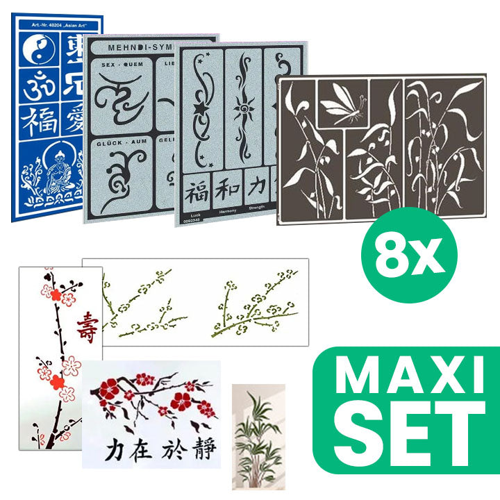 Set di stencil per pittura e tatuaggi fantasy asiatici - 8 tipi e dimensioni diverse