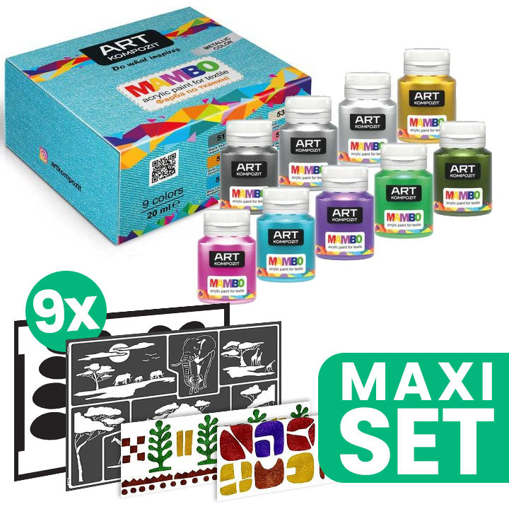 Set di vernici tessili metallizzate MAMBO + 9 stencil di design ETHNO