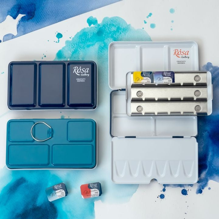 Set per acquerelli ROSA GALLERY, edizione Indigo con 12 godet in metallo