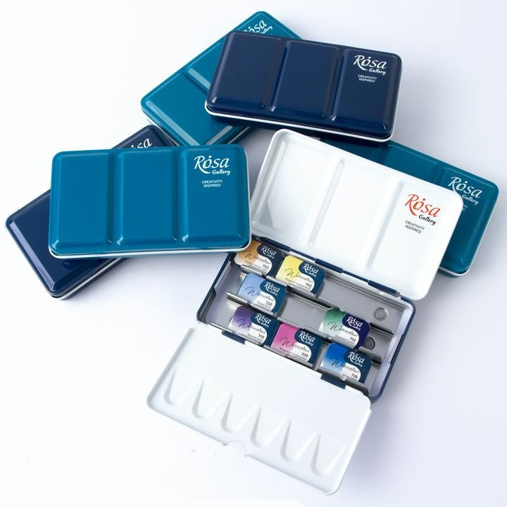 Set per acquerelli ROSA GALLERY, confezione metallica Indigo con 12 godet