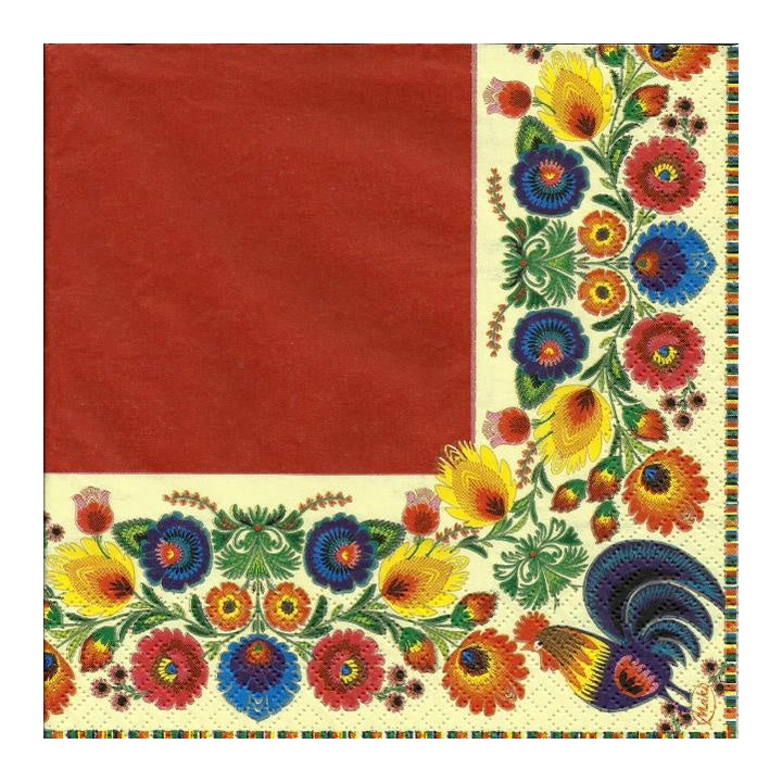 Tovaglioli eco per decoupage Folk Cocks Red & Cream - 1 pezzo