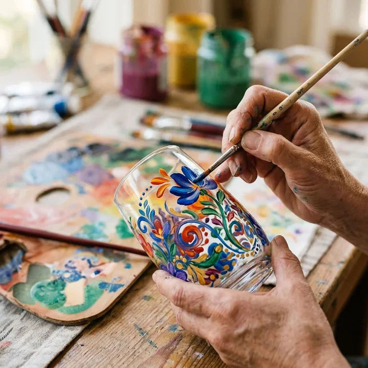 Dipingere un motivo colorato su un bicchiere con colore acrilico