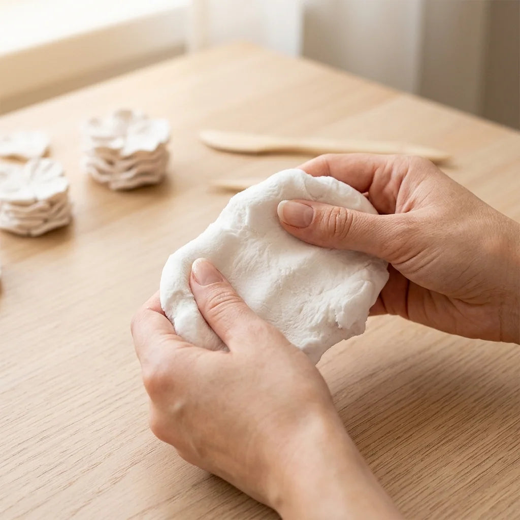 Breve fase di lavorazione della pasta leggera Cloudy Clay tra le mani