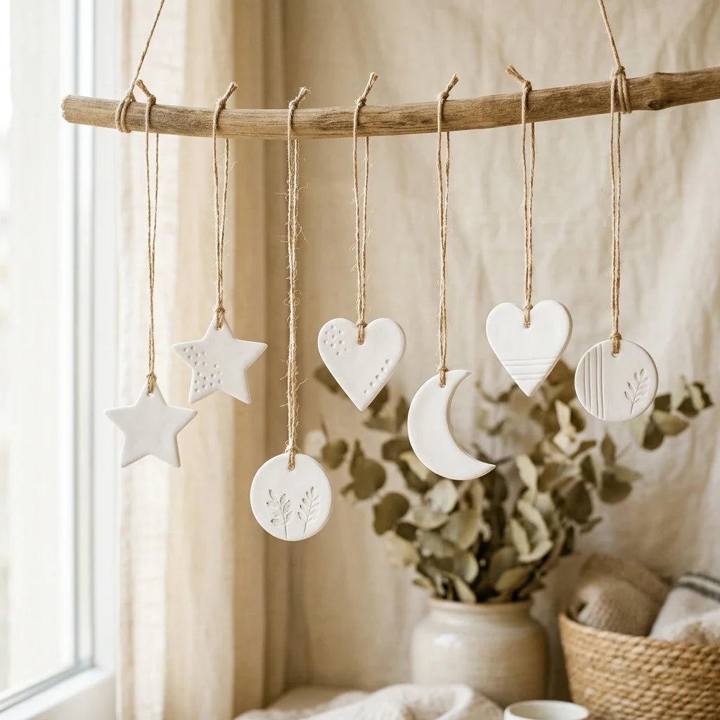 Decorazioni natalizie sospese realizzate con la pasta modellabile leggera