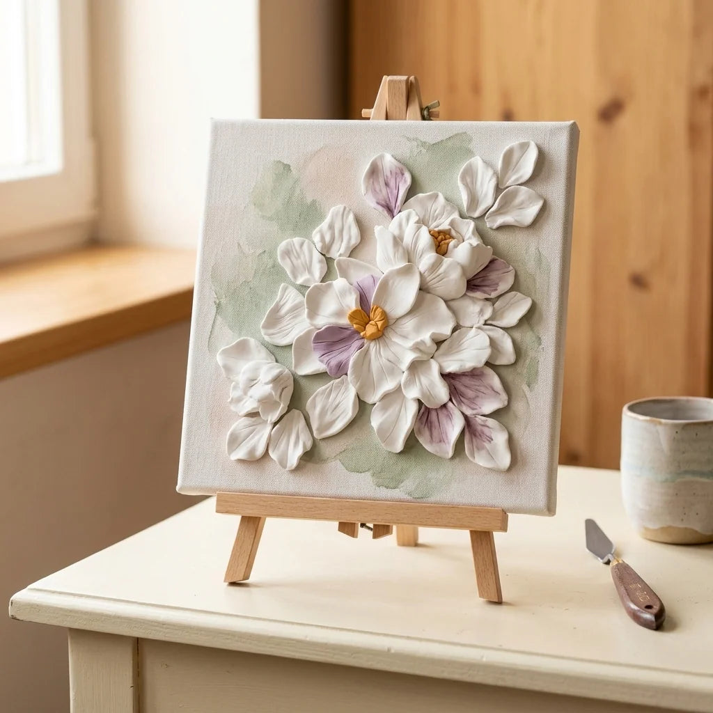 Fiori modellati con Cloudy Clay applicati su tela — quadro a rilievo 3D