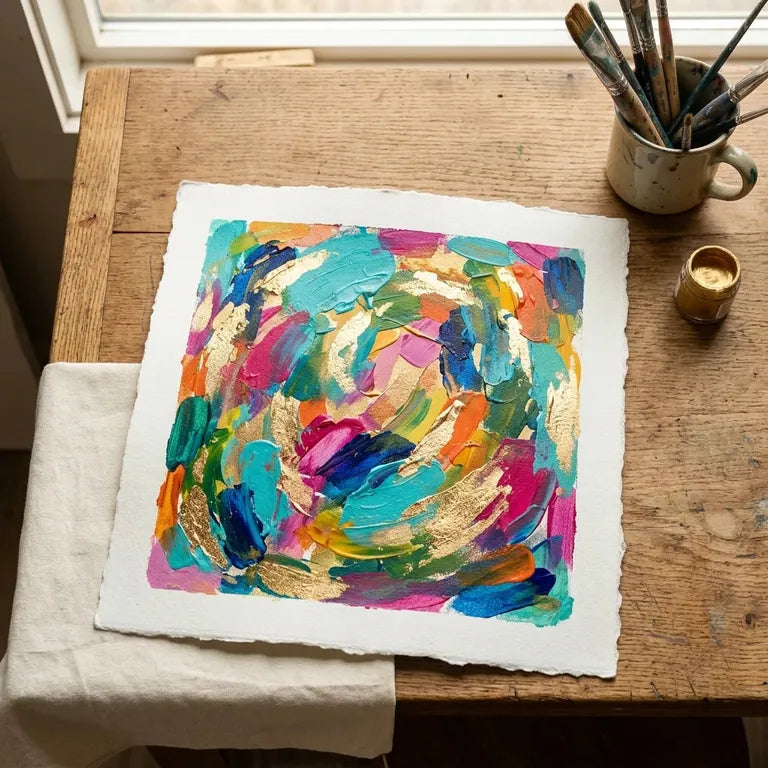 Pittura con colori acrilici Solo Goya su carta con dettagli dorati