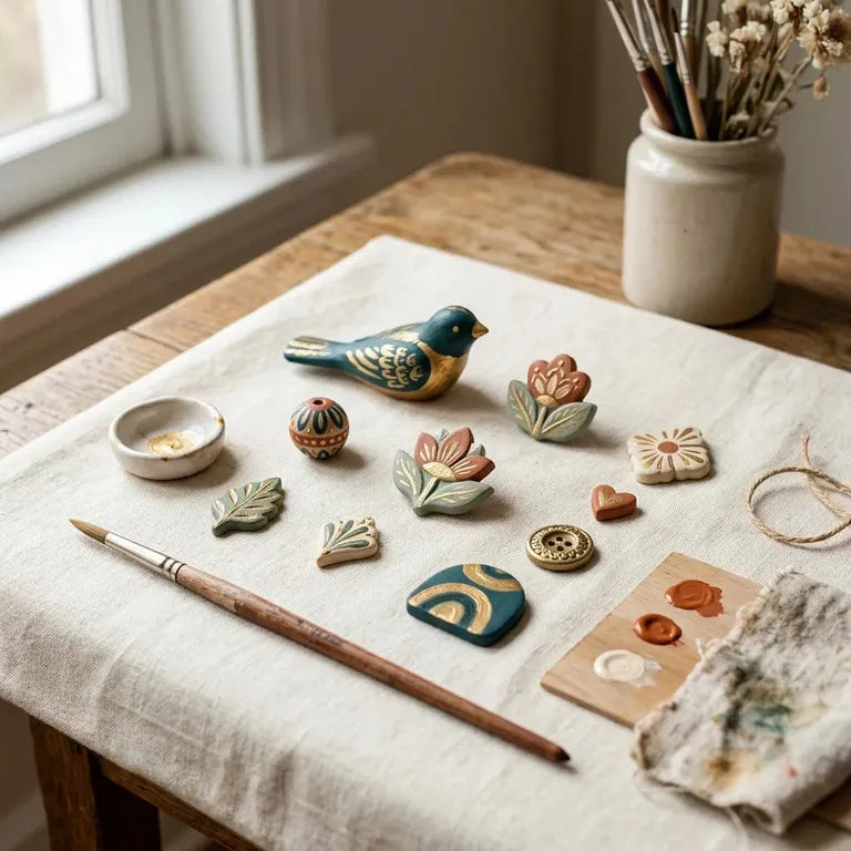 Decorazioni in plastica dipinte con colori acrilici e oro