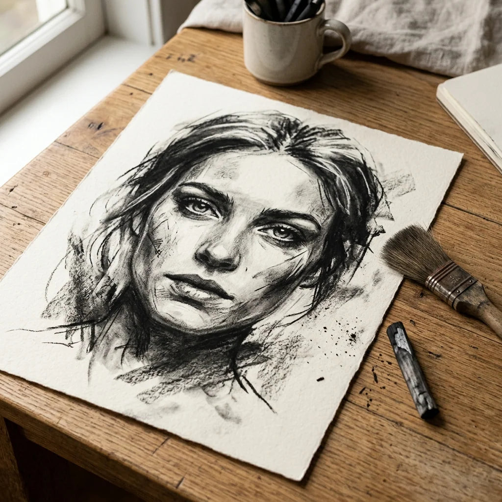 Disegno a carboncino fissato con lo spray fissativo ARTMIE Lumina