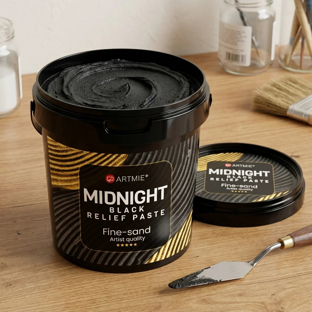 Confezione aperta ARTMIE Midnight — pasta nera sabbiosa visibile all'interno
