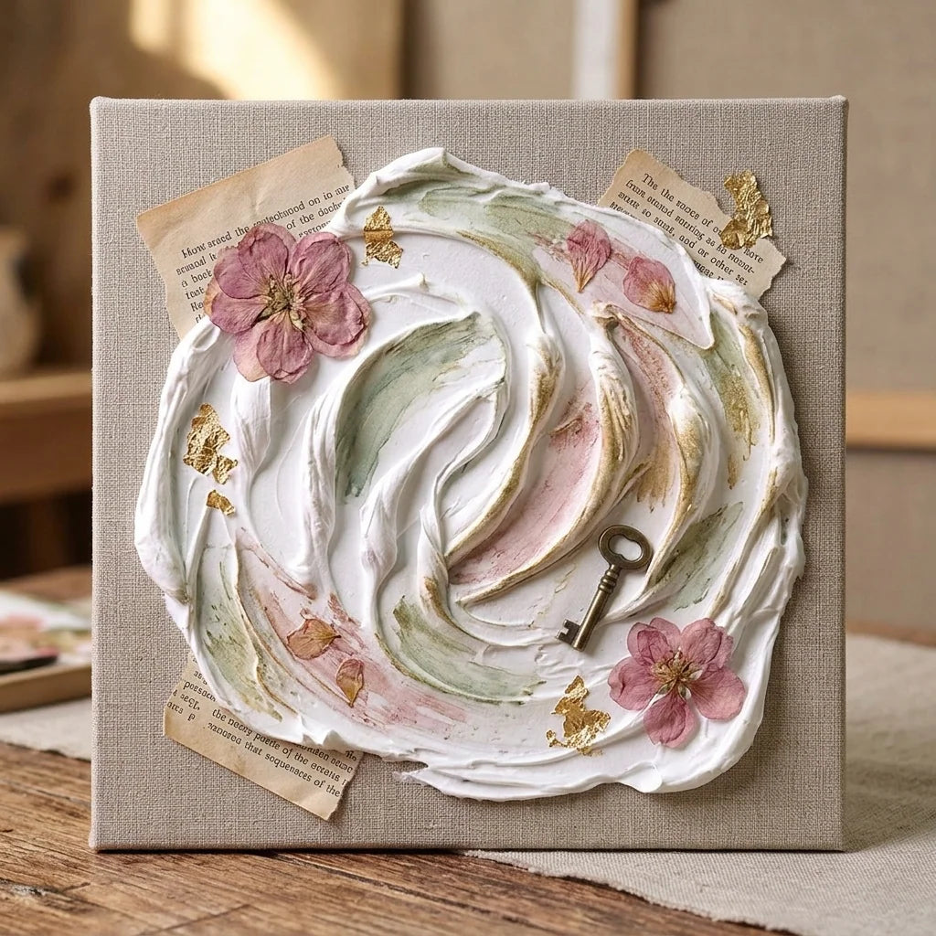 Collage mixed media con pasta Butter — fiori secchi, carta vintage, chiave in ottone