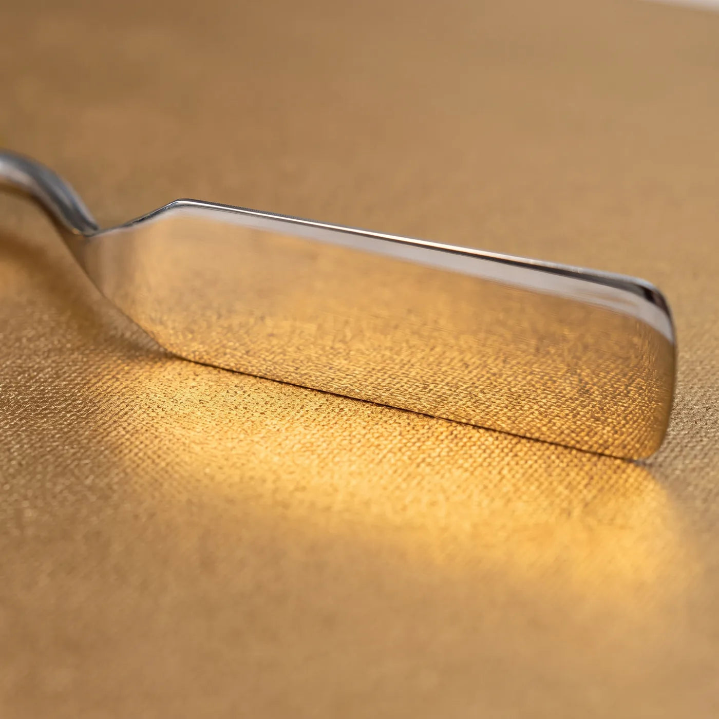 Spatola in acciaio sulla tela dorata MIDAS — la superficie metallizzata si riflette nella lama, sotto il pigmento si vede la trama del cotone