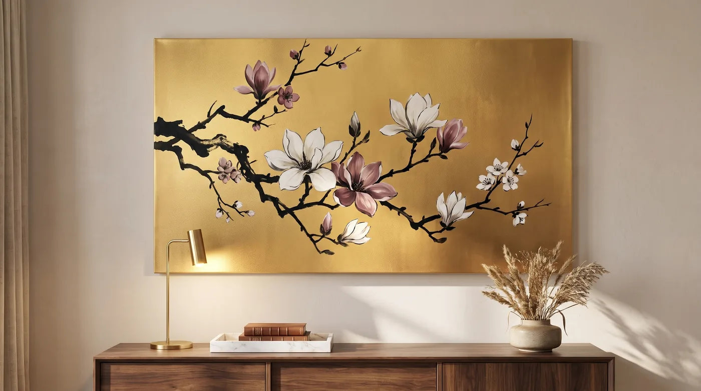 Tela dorata MIDAS con rami di magnolia dipinti a mano, appesa sopra una credenza in soggiorno