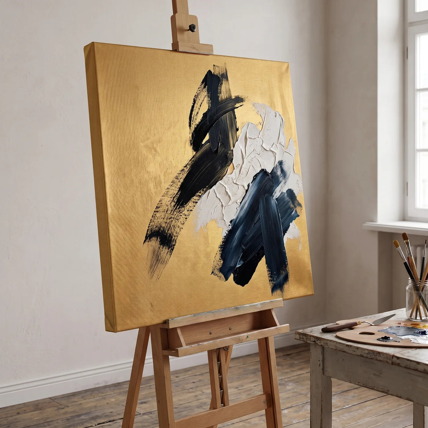 Tela dorata MIDAS su un cavalletto in un atelier di pittura