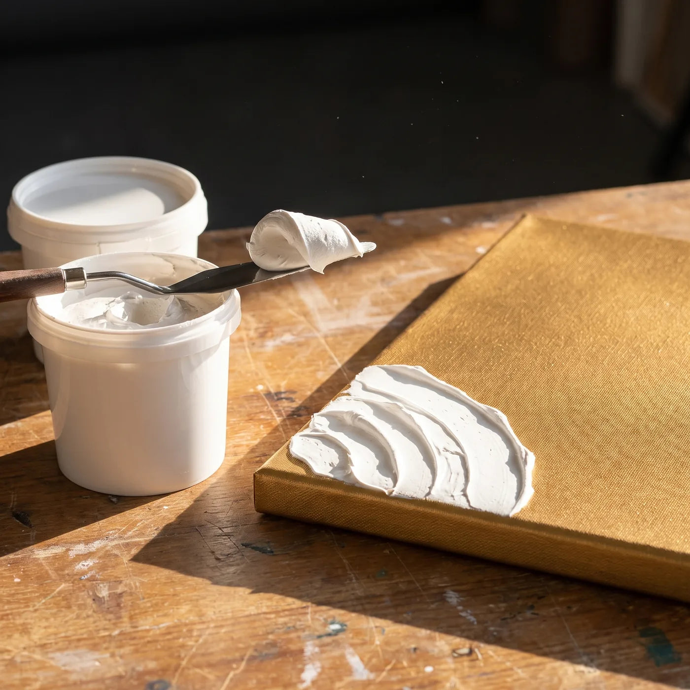 Pasta 3D a rilievo bianca ARTMIE e una spatola accanto alla tela dorata MIDAS