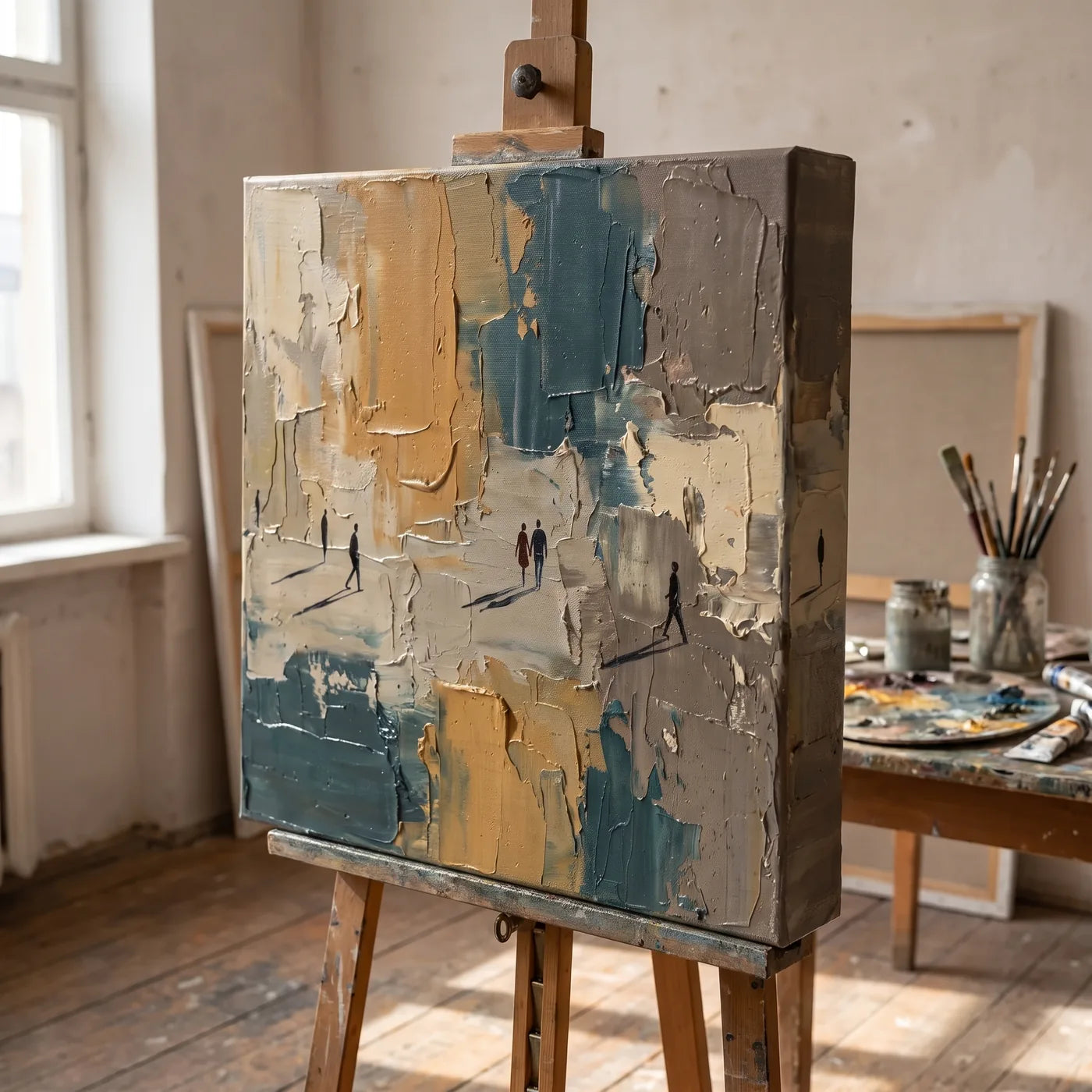 Quadro contemporaneo su tela 3D sul cavalletto in laboratorio — fondo materico steso con la spatola e piccole figure dipinte con un pennello fine; la composizione prosegue sul lato profondo