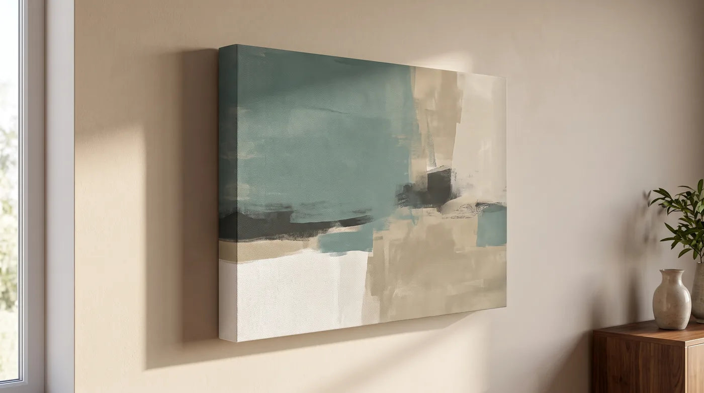 Tela 3D alla parete — il telaio profondo proietta un’ombra e il quadro stacca dal muro