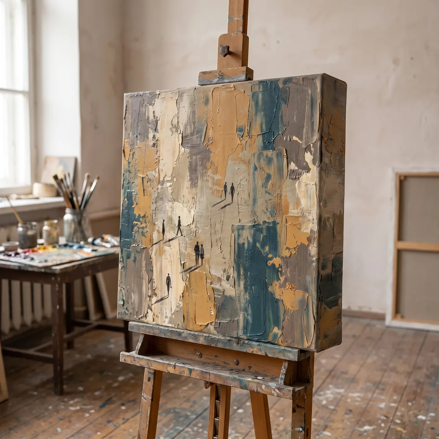 Quadro contemporaneo su tela 3D+ sul cavalletto in laboratorio — fondo materico steso con la spatola e piccole figure dipinte con un pennello fine; la composizione prosegue sul lato profondo