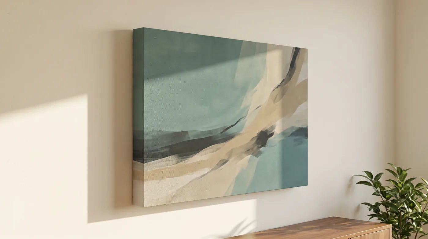 Tela 3D+ alla parete — il telaio profondo proietta un’ombra e il quadro stacca dal muro