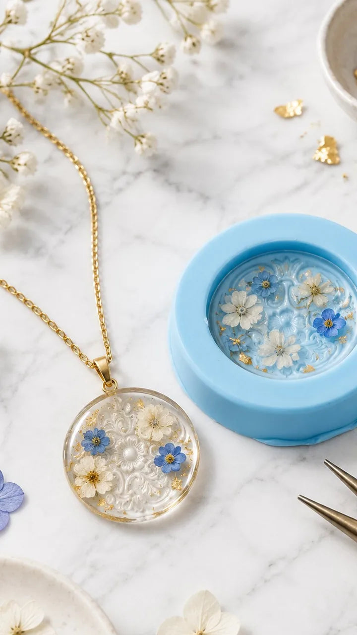 Stampo in silicone azzurro con resina e fiori secchi accanto al ciondolo finito su una catenina dorata